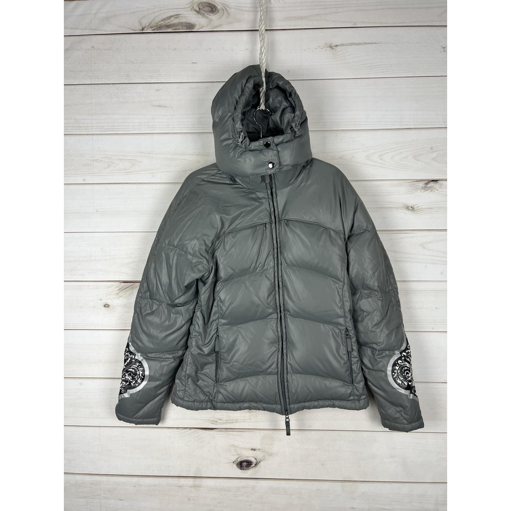 Athleta Down Puffer Jacket Womens Medium Gray Removable Hood Print Ski Outdoor